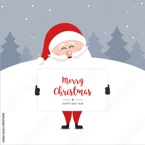 santa claus hold banner merry christmas greeting text winter landscape night background
