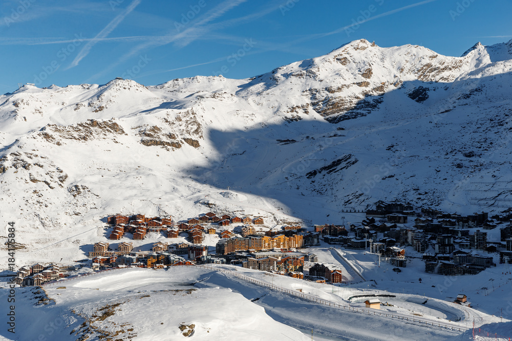 Aerial view on Val Thorens chic ski resort in French alps
