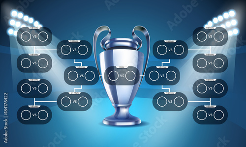 Football tournament scheme. Football infographic template. Shining silver cup with projectors