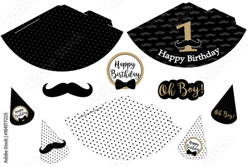Little man printable hats. Black, white, golden mustache pattern. Print and cut. Vector cones template to head for a party (birthday, baby shower, it is a boy). Vintage modern style. First happy birth