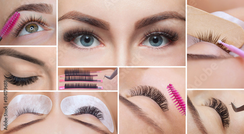 Eyelash removal procedure close up. Beautiful Woman with long lashes in a beauty salon. Collage