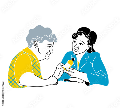 Caring for the elderly.Consultation medical diagnosis.A nurse taking care of a sick elderly woman.doctor gives pills and medication to patient.Medical treatment and healthcare poster.Caregiver elderly