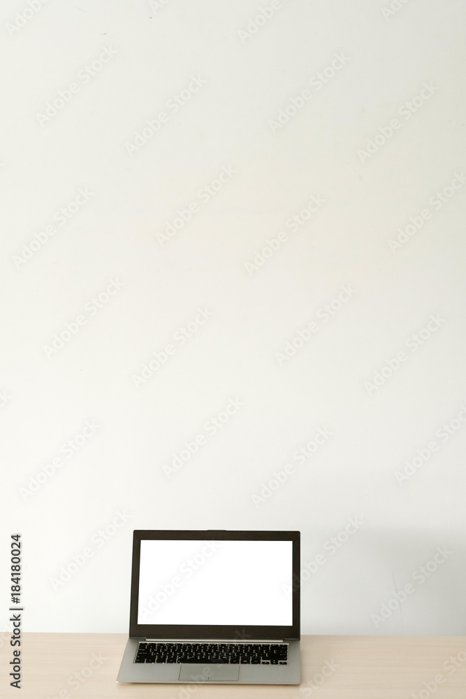 e-commerce advertisement. Laptop computer with white screen. Modern technology e-commerce advertisement. Laptop computer with white screen. Modern technology