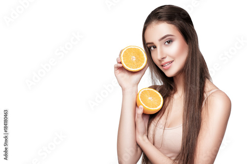 woman with orange on white background