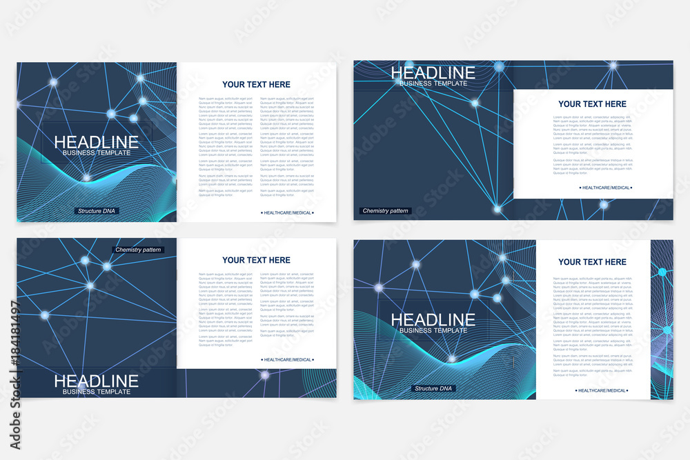 Templates for square brochure. Leaflet cover presentation. Business, science, technology design book layout. Scientific molecule background