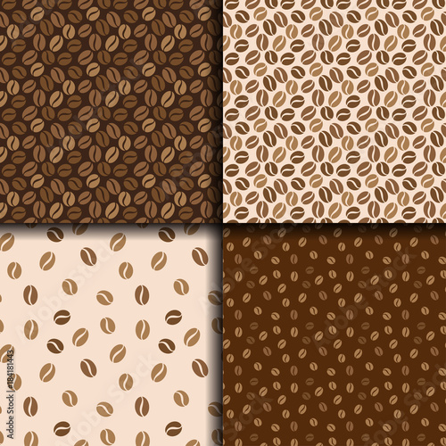 Coffee beans seamless background. Set of four patterns with coffee. Vector design.