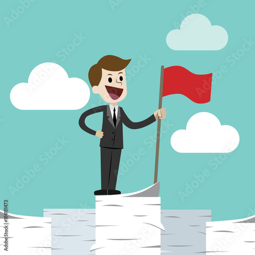Business man standing on a huge tower stack of papers and handing red flag. Job is finished successfull