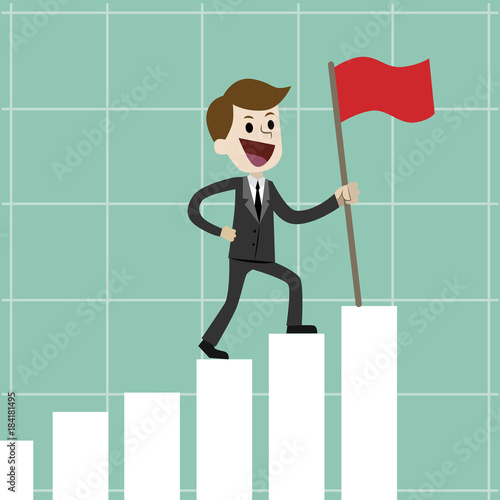 Businessman or manager going up on the growing chart with a flag. Successfull business or trading. Vector illustration