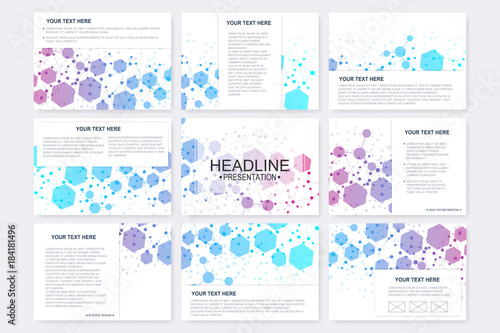 Big set of vector templates for presentation slides. Modern graphic background structure molecule and communication. Scientific pattern atom DNA. Medical, science, chemistry design.