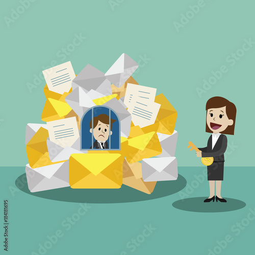Businessman or manager finding himself going to be busy and colleague helps him. Email and documents preason. Manager has a lot of work. Team work. Partnership