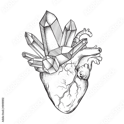 Crystals growing from human heart isolated on white background. Hand drawn line art and dot work vector illustration. Black work, flash tattoo or print design