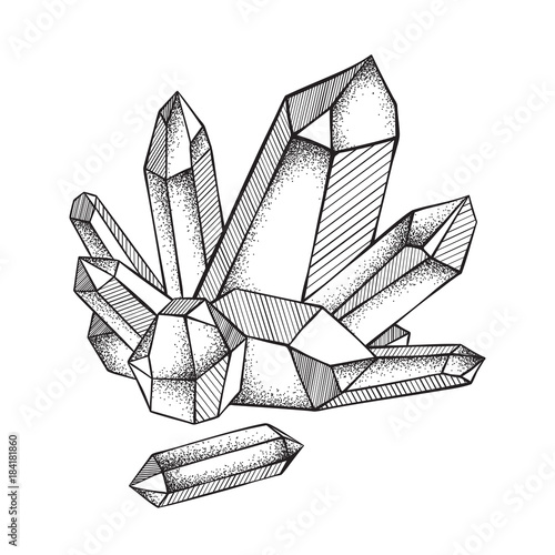 Crystals druse isolated on white background hand drawn line art and dot work vector illustration. Black work, flash tattoo or print design