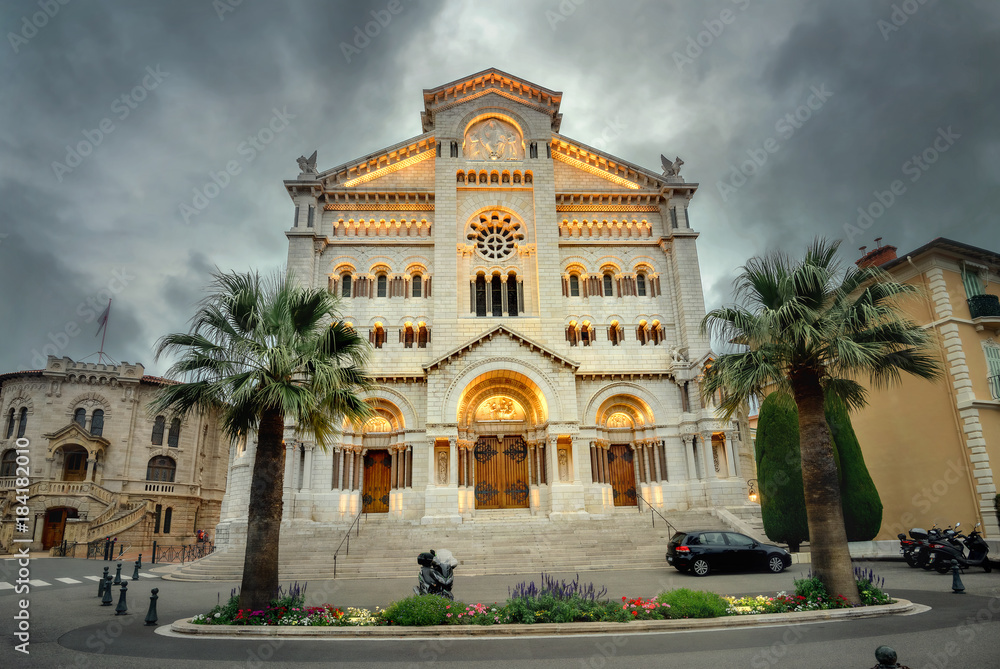Facade of Saint Nicholas Cathedral at evening time. Monaco
