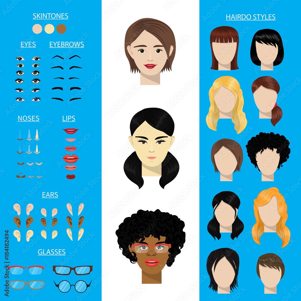 Obraz premium Woman face constructor vector set female character avatar creation head ears lips nose eyes eyebrows hairdo Asian African American facial elements construction illustration isolated.