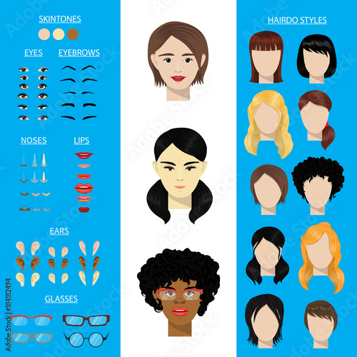 Woman face constructor vector set female character avatar creation head ears lips nose eyes eyebrows hairdo Asian African American facial elements construction illustration isolated.