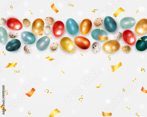 Easter background with painted realistic chicken and quail eggs. Festive vector illustration