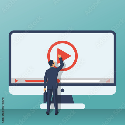 Video tutorial concept. Businessman presses play button. Vector illustration flat design. Isolated on background. E-learning, video stream. Social media.