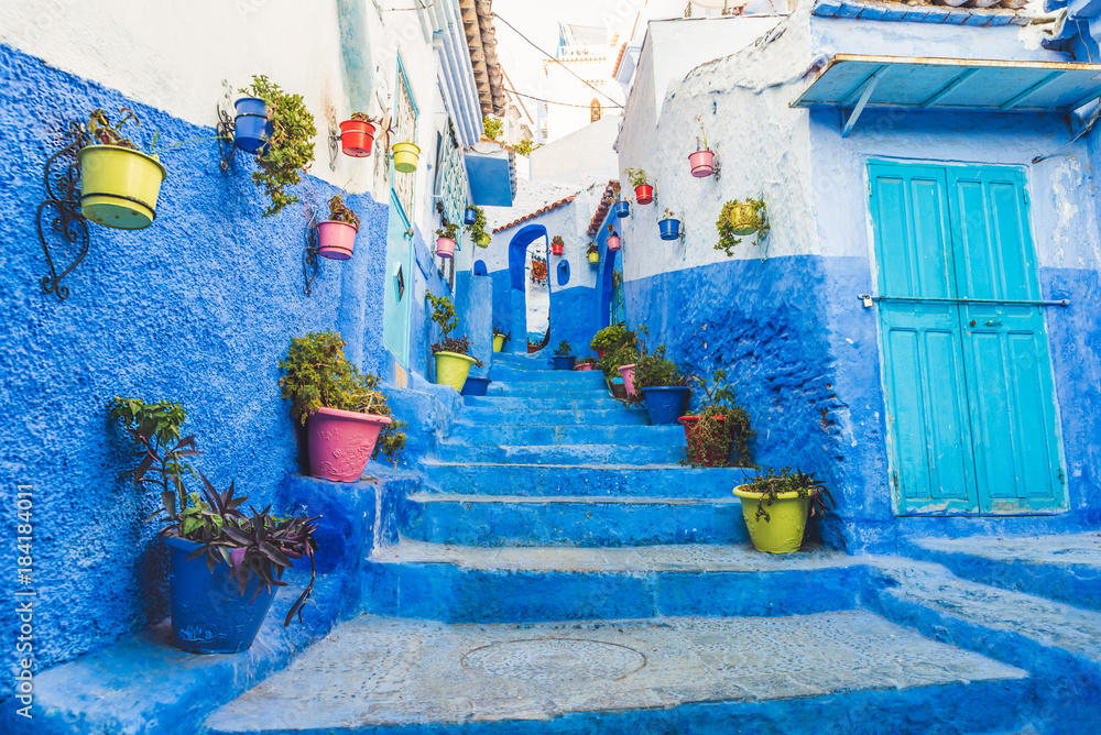 Fototapeta premium Chefchaouen traditional colorful blue architecture in Morocco, Africa 