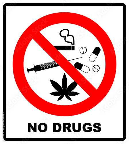 No drugs allowed. No capsule, marijuana, cannabis, tobacco, cocaine and other drugs. Red forbidden symbol. Vector prohibited illustration isolated on white