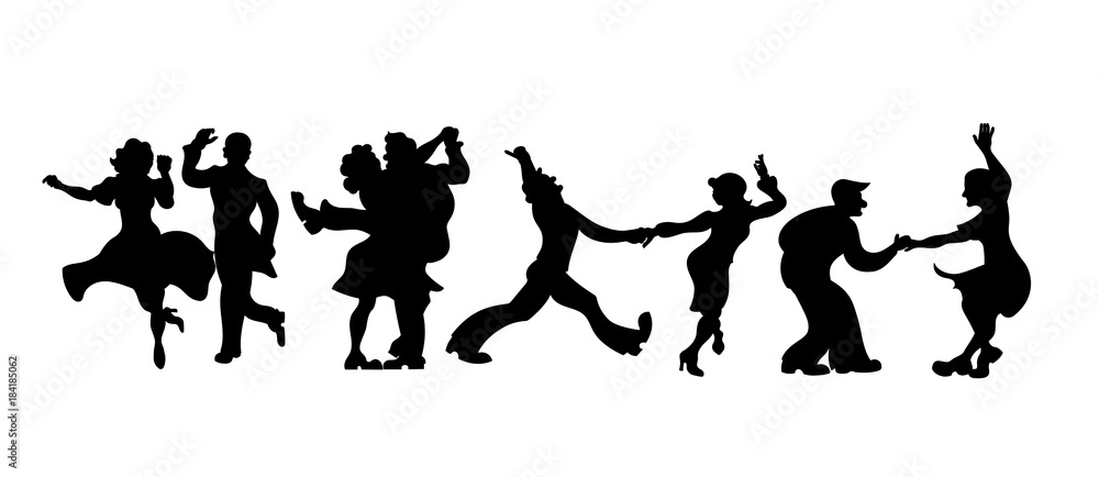 Silhouettes four couple of  people dancing Charleston or retro dance. Vector Illustration.set of retro silhouette dancer isolated on white.