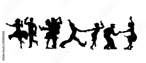 Silhouettes four couple of  people dancing Charleston or retro dance. Vector Illustration.set of retro silhouette dancer isolated on white.