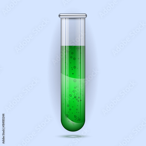 Realistic glass test tube template isolated on light blue background. Laboratory equipment flask vector illustration EPS