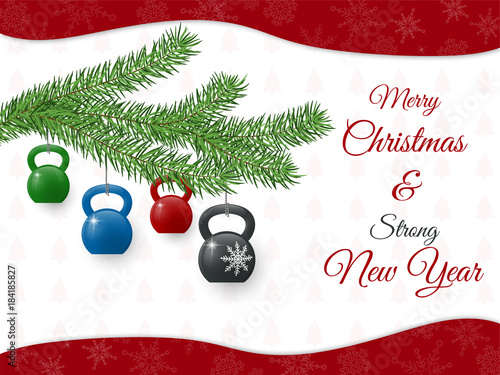 Christmas greeting card with kettlebells and pine branch.