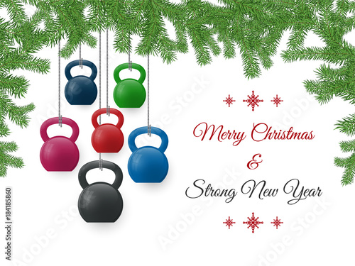 Christmas and New Year greeting card with kettlebells and pine branches