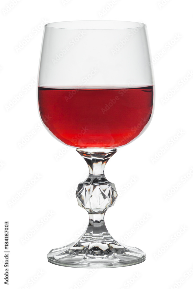 A crystal glass of red wine with a thickening on the stem isolated on white background A crystal glass of red wine with a thickening on the stem isolated on white background