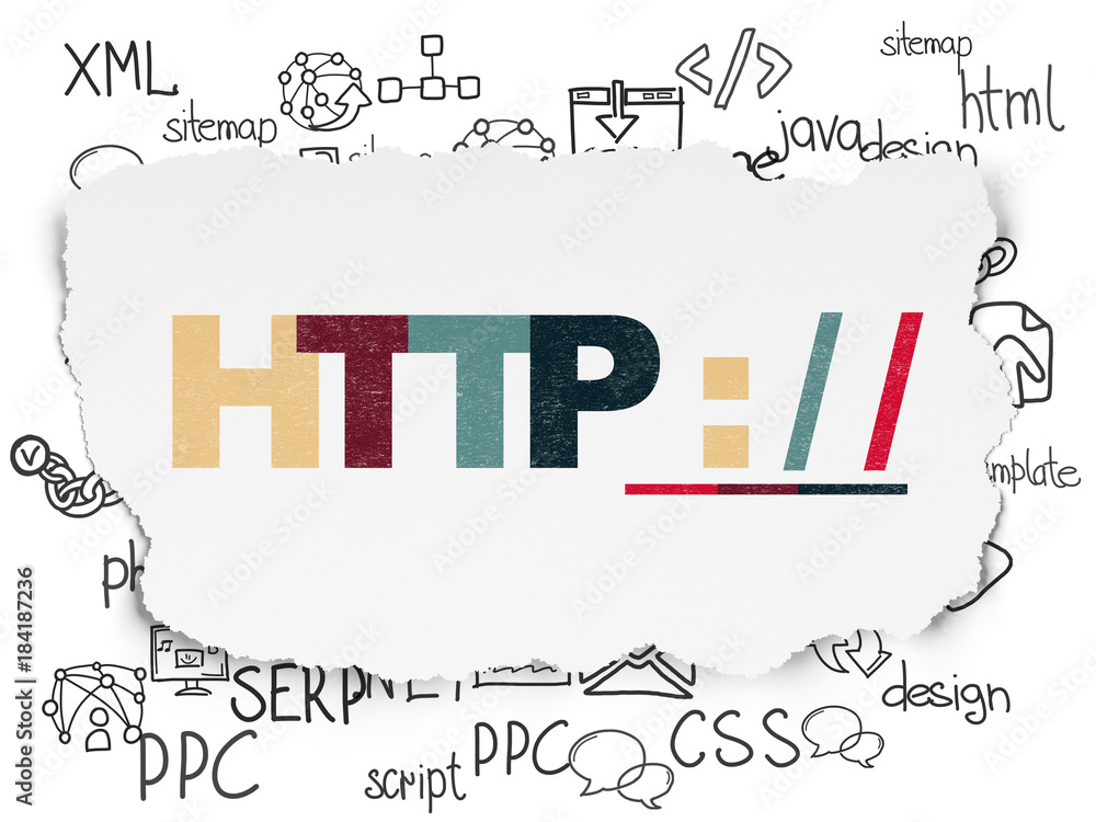 Web development concept: Painted multicolor text Http : / / on Torn Paper background with  Hand Drawn Site Development Icons
