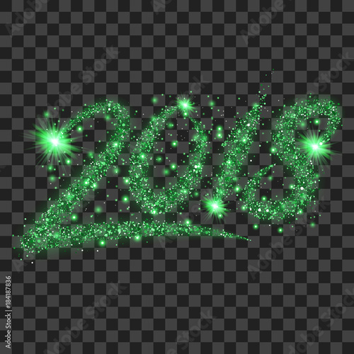 Green particles wave in form of 2018 digits with bright shining and glowind particles isolated on transparent background. Glitter bright trail, glowing wave vector illustration