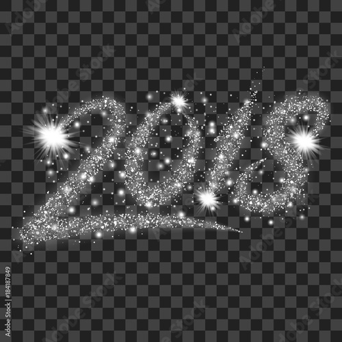 Silver particles wave in form of 2018 digits with bright shining and glowind particles isolated on transparent background. Glitter bright trail, glowing wave vector illustration