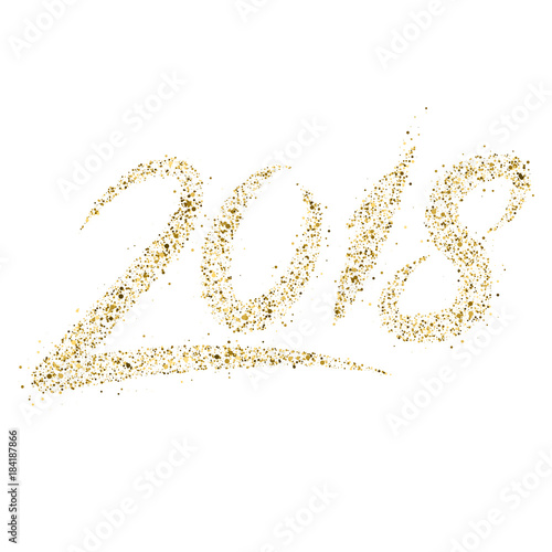 Golden particle wave in form of 2018 digits isolated on white background. Glitter trail vector illustration