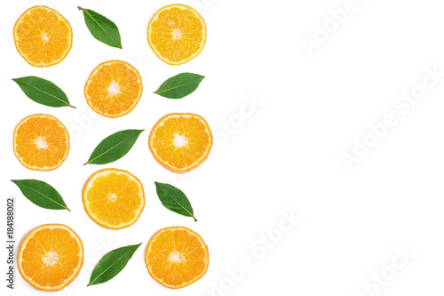 Fototapeta Naklejka Na Ścianę i Meble -  slices of tangerine with leaves isolated on white background with copy space for your text. Flat lay, top view.
