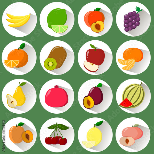 Fototapeta Naklejka Na Ścianę i Meble -  A set of icons of different fruits in a white circle with a shadow on a green background.