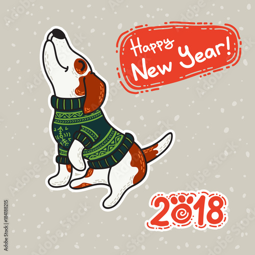 New Year postcard with dog in colorful sweater