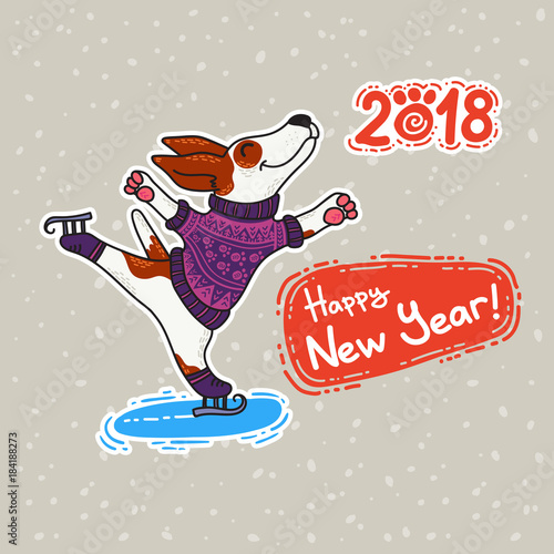 New Year postcard with dog in colorful sweater