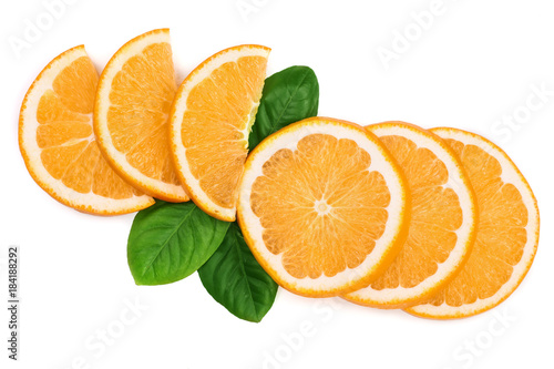 Slices of orange with leaves isolated on white background. Flat lay  top view. Fruit composition