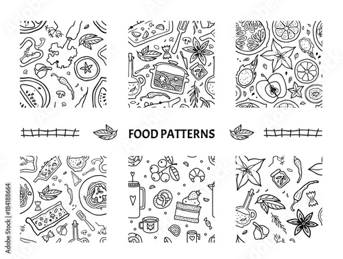 Seamless patterns set with healthy food.