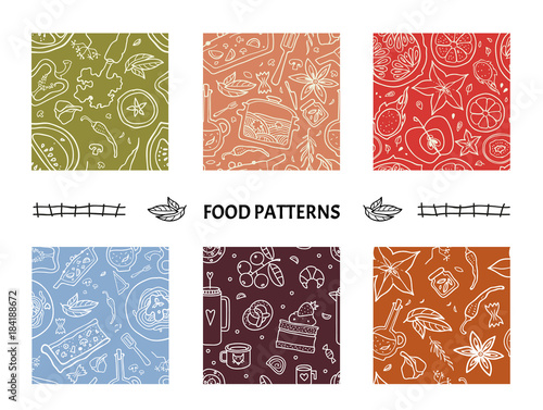 Seamless patterns set with healthy food.