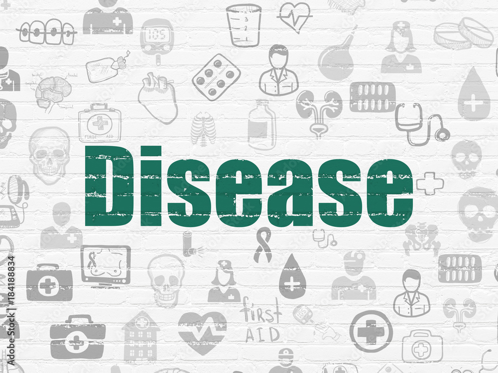 Healthcare concept: Painted green text Disease on White Brick wall background with  Hand Drawn Medicine Icons