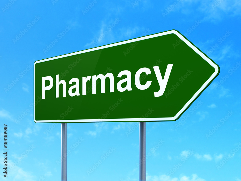 Medicine concept: Pharmacy on green road highway sign, clear blue sky background, 3D rendering Medicine concept: Pharmacy on green road highway sign, clear blue sky background, 3D rendering