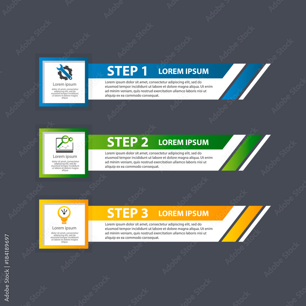 Vector illustration. An infographic template with 3 steps and an image of three rectangles. Use for business presentations, education, web design. Place for text and icons Vector illustration. An infographic template with 3 steps and an image of three rectangles. Use for business presentations, education, web design. Place for text and icons