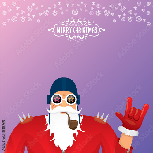 vector DJ rock n roll santa claus with smoking pipe, santa beard and funky santa hat isolated on violetred christmas square background with snowflakes. Christmas hipster party poster, banner or card.