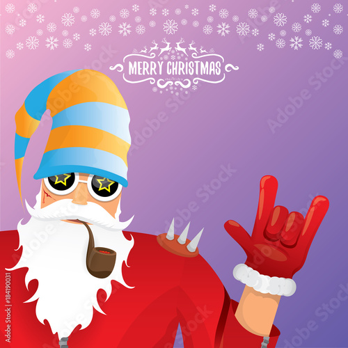 vector DJ rock n roll santa claus with smoking pipe, santa beard and funky santa hat isolated on violetred christmas square background with snowflakes. Christmas hipster party poster, banner or card.