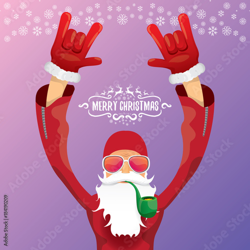 vector DJ rock n roll santa claus with smoking pipe, santa beard and funky santa hat isolated on violetred christmas square background with snowflakes. Christmas hipster party poster, banner or card. photo