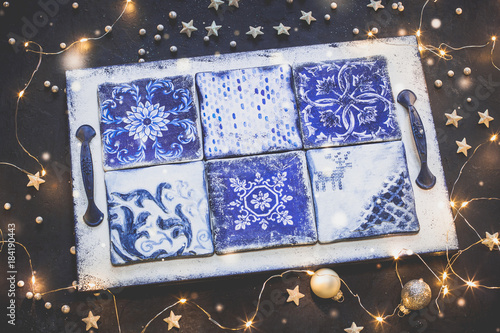 Christmas dinner festive decorative handmade vintage white and blue tray salver