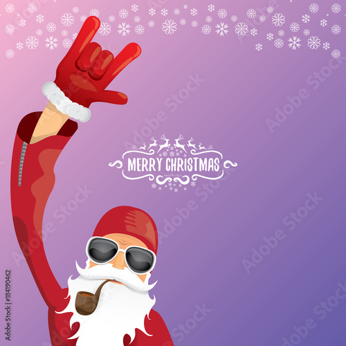 vector DJ rock n roll santa claus with smoking pipe, santa beard and funky santa hat isolated on violetred christmas square background with snowflakes. Christmas hipster party poster, banner or card.