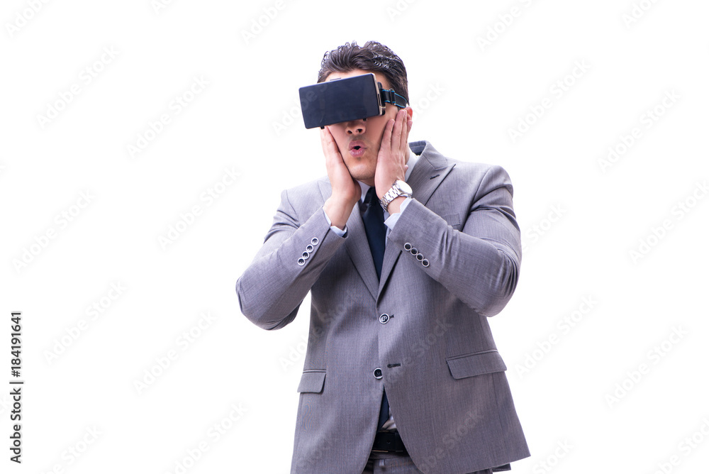 Businessman wearing virtual reality VR glasses isolated on white Businessman wearing virtual reality VR glasses isolated on white