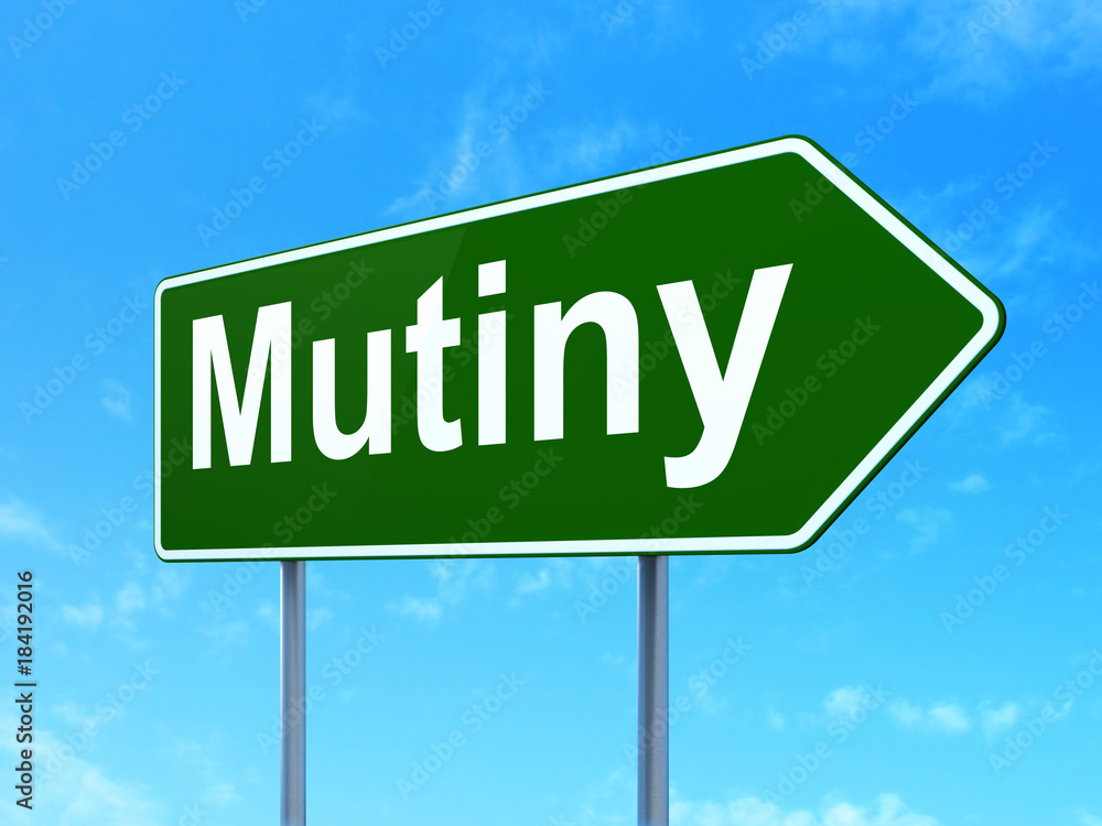 Politics concept: Mutiny on green road highway sign, clear blue sky background, 3D rendering Politics concept: Mutiny on green road highway sign, clear blue sky background, 3D rendering